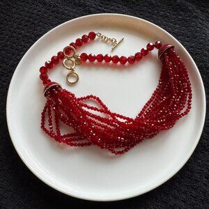 Talbot's Holiday Starburst Faceted Red Bead Multi-Strand Necklace w/ Gold Tone
